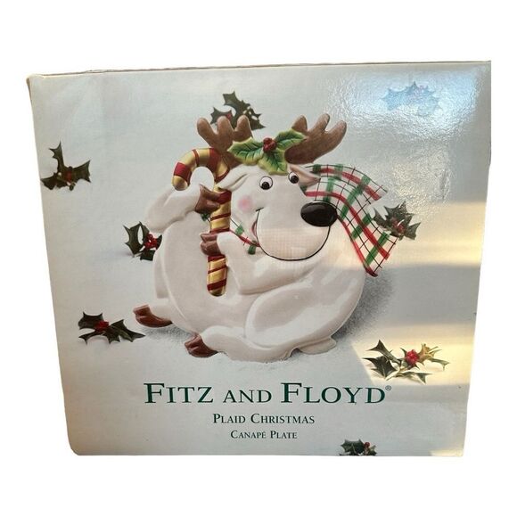 Vintage Fitz & Floyd Christmas Reindeer Canape Plate Cookies Candy Tray 10" Cute - Picture 3 of 11